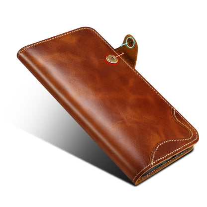 For iPhone 16 Pro Denior B01 Oil Wax Cowhide Magnetic Button Genuine Leather Case(Brown)