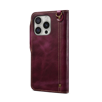 For iPhone 16 Pro Max Denior B01 Oil Wax Cowhide Magnetic Button Genuine Leather Case(Red)