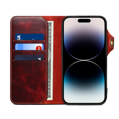 For iPhone 16 Pro Max Denior B01 Oil Wax Cowhide Magnetic Button Genuine Leather Case(Red)
