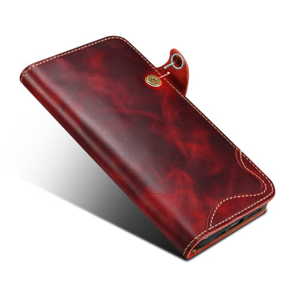 For iPhone 16 Pro Max Denior B01 Oil Wax Cowhide Magnetic Button Genuine Leather Case(Red)