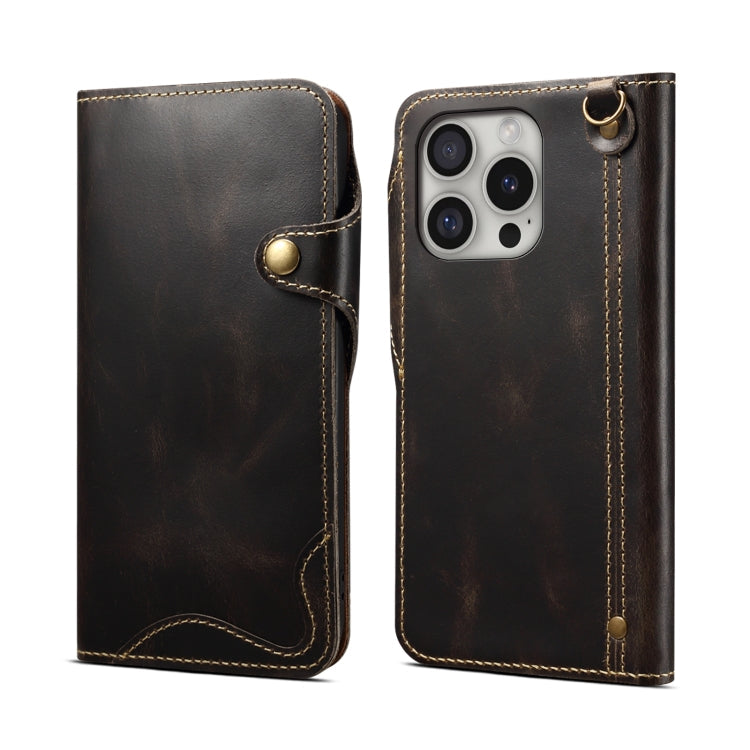 Pour iPhone 16 Pro Max Denior B01 Étui en cuir véritable en peau de vache cirée à bouton magnétique (Noir)
