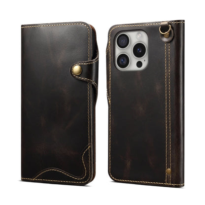 Pour iPhone 16 Pro Max Denior B01 Étui en cuir véritable en peau de vache cirée à bouton magnétique (Noir)