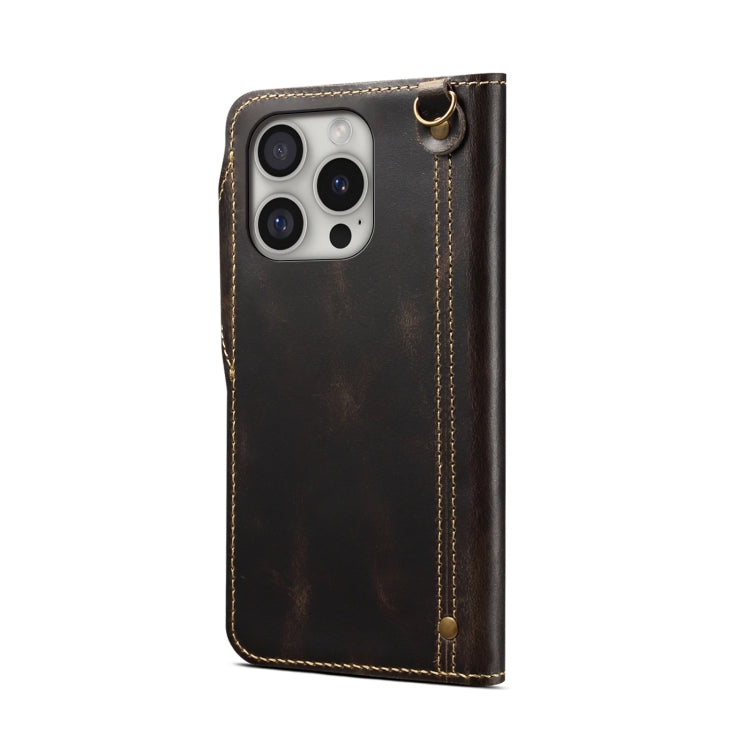 Pour iPhone 16 Pro Max Denior B01 Étui en cuir véritable en peau de vache cirée à bouton magnétique (Noir)