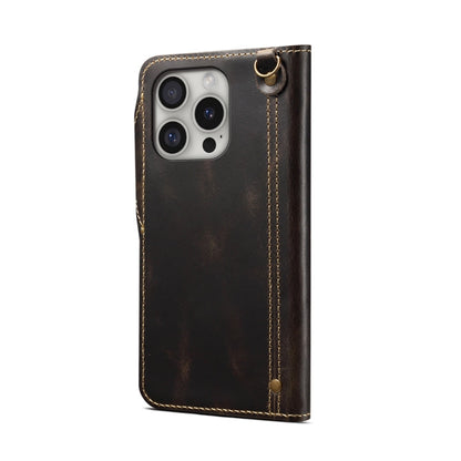 Pour iPhone 16 Pro Max Denior B01 Étui en cuir véritable en peau de vache cirée à bouton magnétique (Noir)