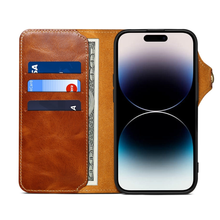 For iPhone 16 Pro Max Denior B01 Oil Wax Cowhide Magnetic Button Genuine Leather Case(Brown)