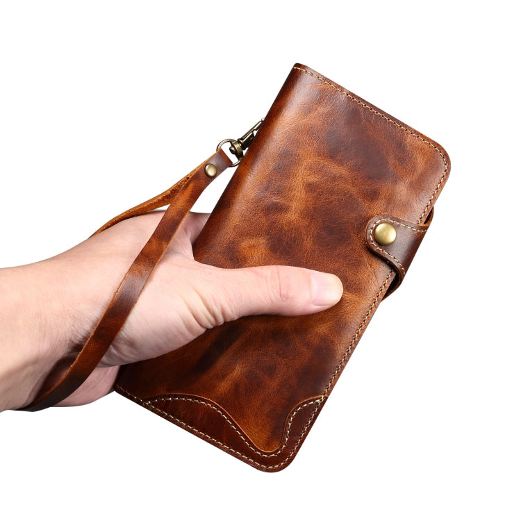 For iPhone 16 Pro Max Denior B01 Oil Wax Cowhide Magnetic Button Genuine Leather Case(Red)