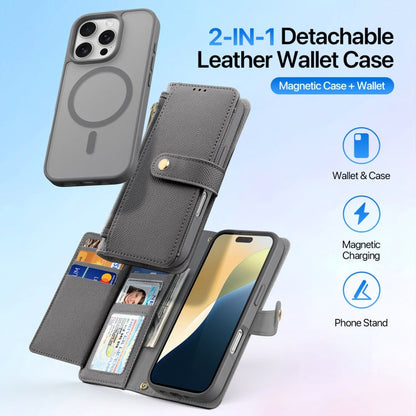For iPhone 16 Pro DUX DUCIS Lawa Series 2 in 1 Wallet Zipper Detachable MagSafe Phone Case with Lanyard(Grey)