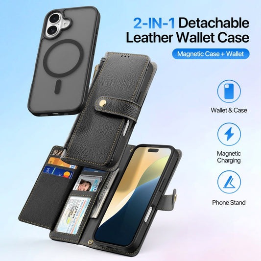 For iPhone 16 Plus DUX DUCIS Lawa Series 2 in 1 Wallet Zipper Detachable MagSafe Phone Case with Lanyard(Black)