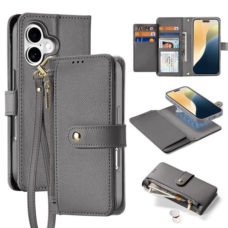 Pour iPhone 16 Plus DUX DUCIS Lawa Series 2 en 1 Étui portefeuille détachable avec fermeture éclair et MagSafe avec dragonne (gris)