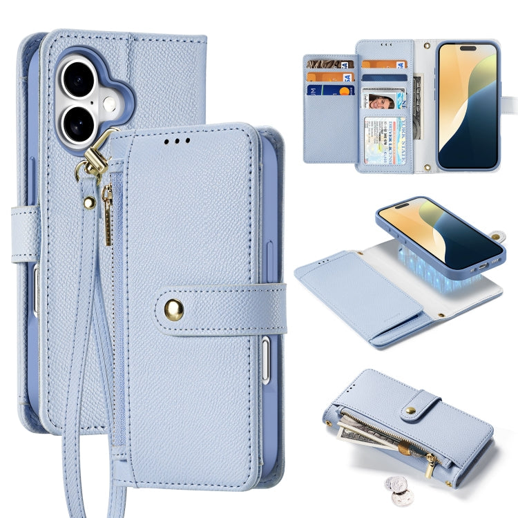 Pour iPhone 16 Plus DUX DUCIS Série Lawa Étui portefeuille zippé 2 en 1 détachable MagSafe avec cordon (Bleu clair)