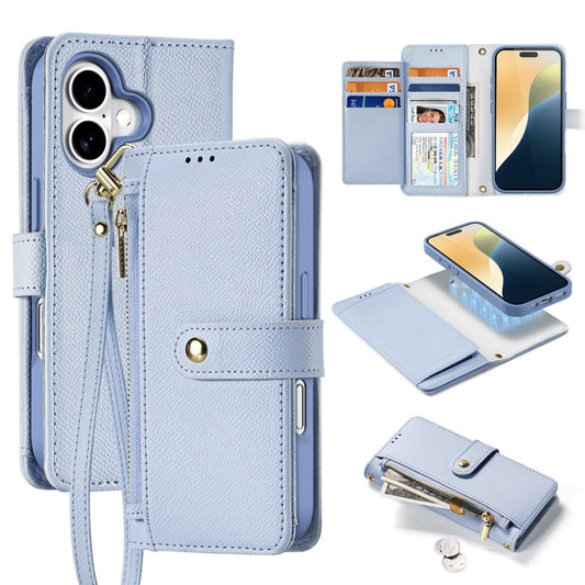 For iPhone 16 Plus DUX DUCIS Lawa Series 2 in 1 Wallet Zipper Detachable MagSafe Phone Case with Lanyard(Light Blue)