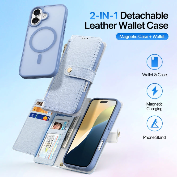 Pour iPhone 16 Plus DUX DUCIS Série Lawa Étui portefeuille zippé 2 en 1 détachable MagSafe avec cordon (Bleu clair)