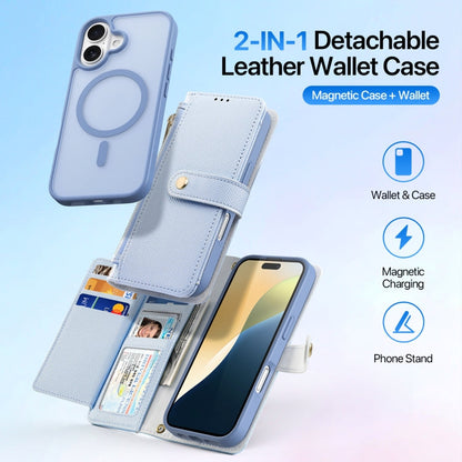 Pour iPhone 16 Plus DUX DUCIS Série Lawa Étui portefeuille zippé 2 en 1 détachable MagSafe avec cordon (Bleu clair)