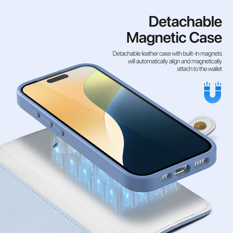 Pour iPhone 16 Plus DUX DUCIS Série Lawa Étui portefeuille zippé 2 en 1 détachable MagSafe avec cordon (Bleu clair)