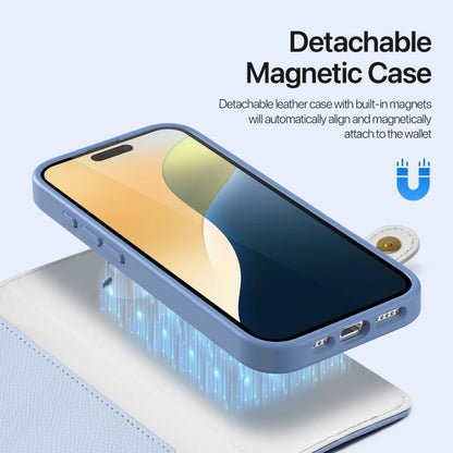 Pour iPhone 16 Plus DUX DUCIS Série Lawa Étui portefeuille zippé 2 en 1 détachable MagSafe avec cordon (Bleu clair)