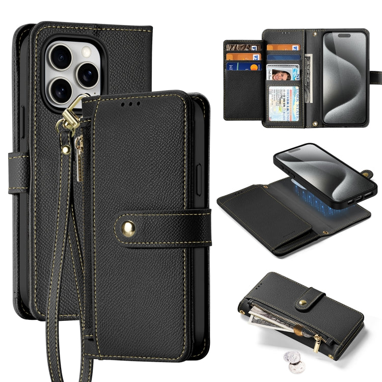For iPhone 15 Pro DUX DUCIS Lawa Series 2 in 1 Wallet Zipper Detachable MagSafe Phone Case with Lanyard(Black)