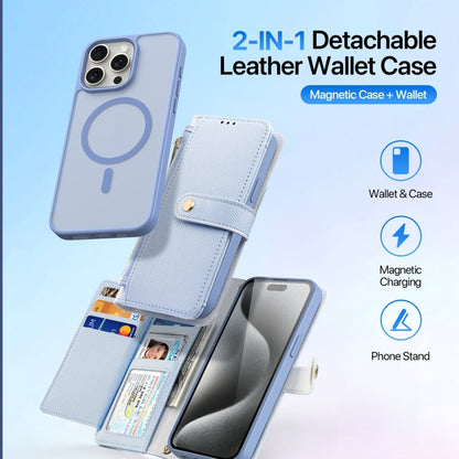 For iPhone 15 Pro DUX DUCIS Lawa Series 2 in 1 Wallet Zipper Detachable MagSafe Phone Case with Lanyard(Light Blue)