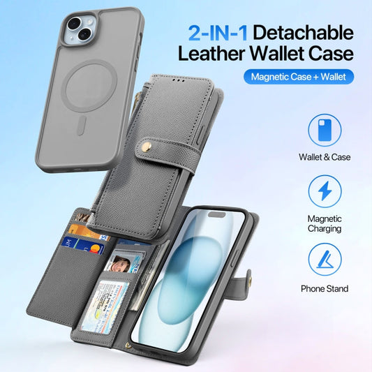 For iPhone 15 Plus DUX DUCIS Lawa Series 2 in 1 Wallet Zipper Detachable MagSafe Phone Case with Lanyard(Grey)
