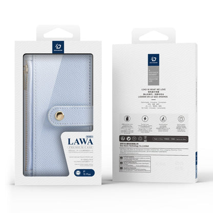 For iPhone 15 Plus DUX DUCIS Lawa Series 2 in 1 Wallet Zipper Detachable MagSafe Phone Case with Lanyard(Light Blue)