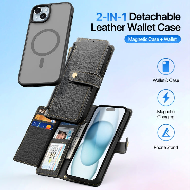 For iPhone 15 DUX DUCIS Lawa Series 2 in 1 Wallet Zipper Detachable MagSafe Phone Case with Lanyard(Black)