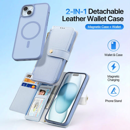 For iPhone 15 DUX DUCIS Lawa Series 2 in 1 Wallet Zipper Detachable MagSafe Phone Case with Lanyard(Light Blue)