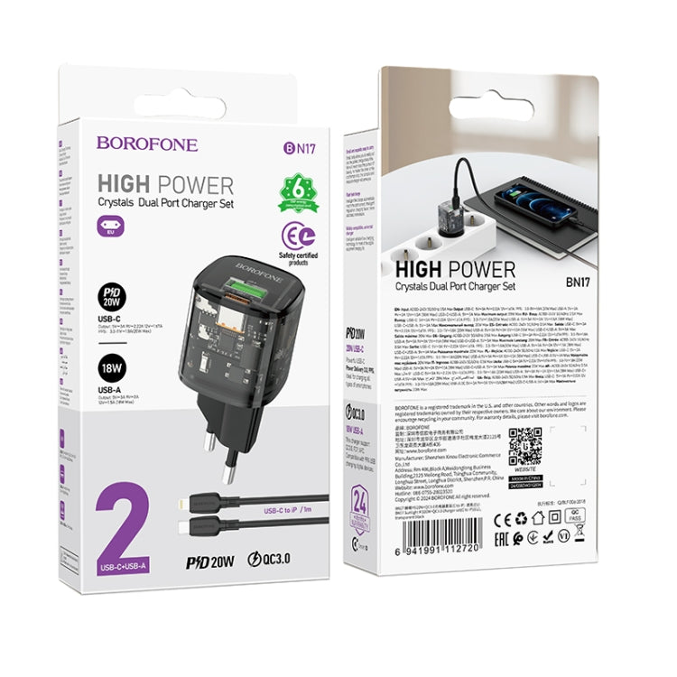 BOROFONE BN17 PD20W USB, Type-C Charger with 1m Type-C to 8 Pin Cable Set, Plug Type:EU Plug(Black)