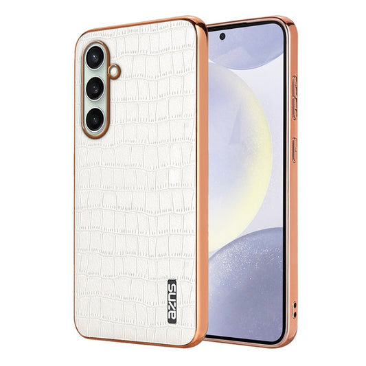 For Samsung Galaxy A36 AZNS Electroplated Frame Crocodile Texture Full Coverage Phone Case(White)