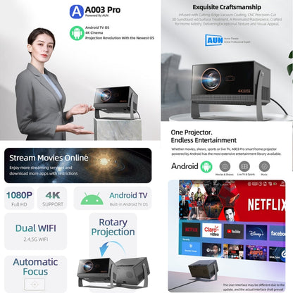 AUN A003 Pro 1920 x 1080P 350 Lumens Portable Home Theater LED HD Digital Projector, US Plug(Grey)