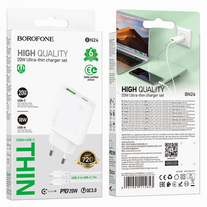 BOROFONE BN24 PD 20W USB, Type-C Charger with 1m Type-C to Type-C Cable Set, Plug Type:EU Plug(White)