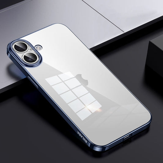 For iPhone 16 SULADA Shine Through Series Plating TPU Transparent Phone Case(Titanium Blue)