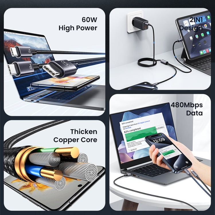 USAMS SJ740 1.2m 72W 2 in 1 Type-C Fast Charging Cable(Titanium Gray)