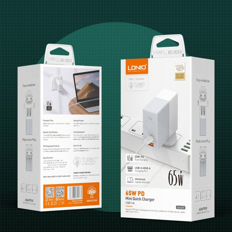 LDNIO A2620C PD3.0 65W USB Power Adapter Travel Charger with Type-C to Type-C Cable, US Plug