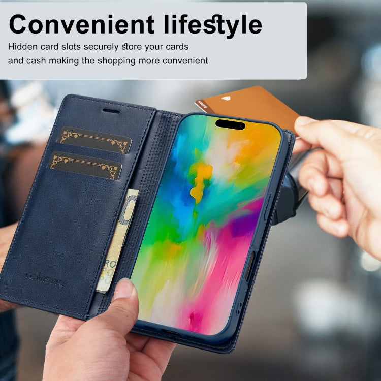Pour iPhone 16 LC.IMEEKE Étui de téléphone en cuir anti-vol RFID (Bleu)