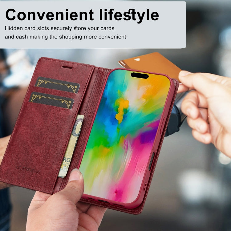 Pour iPhone 16 LC.IMEEKE Étui de téléphone en cuir anti-vol RFID (rouge)