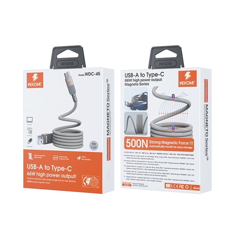 WK WDC-45 Magneto Series 1m 66W USB to Type-C Fast Charging Magnetic Data Cable(Grey)