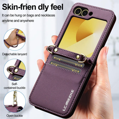 For Samsung Galaxy Z Flip6 LC.IMEEKE L1 Series Frosted Fine Texture PU Phone Case with Lanyard(Purple)