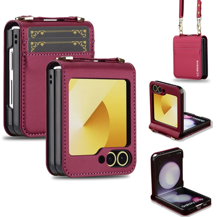 For Samsung Galaxy Z Flip6 LC.IMEEKE L1 Series Frosted Fine Texture PU Phone Case with Lanyard(Red)