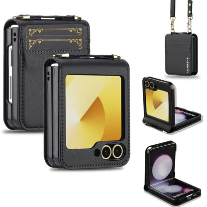 Pour Samsung Galaxy Z Flip5 LC.IMEEKE Série L1 Étui de Téléphone en PU à Texture Fine Givrée avec Cordon (Noir)