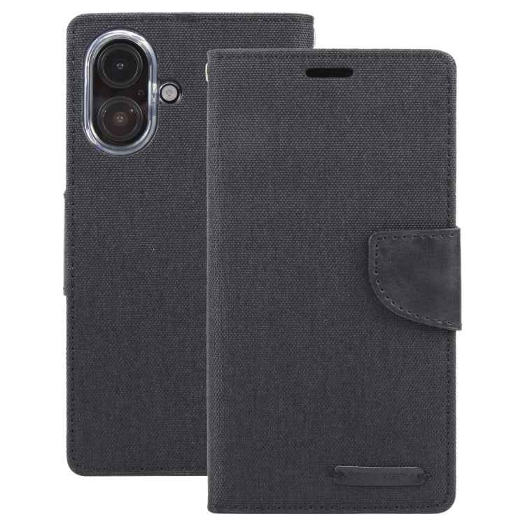 For iPhone 16 Plus GOOSPERY CANVAS DIARY Fabric Texture Flip Leather Phone Case(Black)