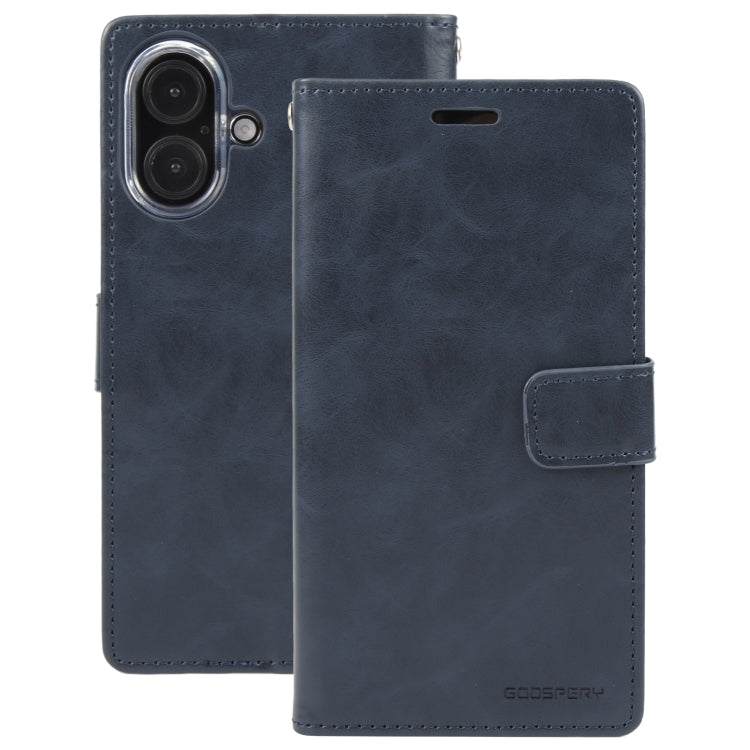 For iPhone 16 Plus GOOSPERY BLUE MOON Crazy Horse Texture Leather Phone Case(Dark Blue)