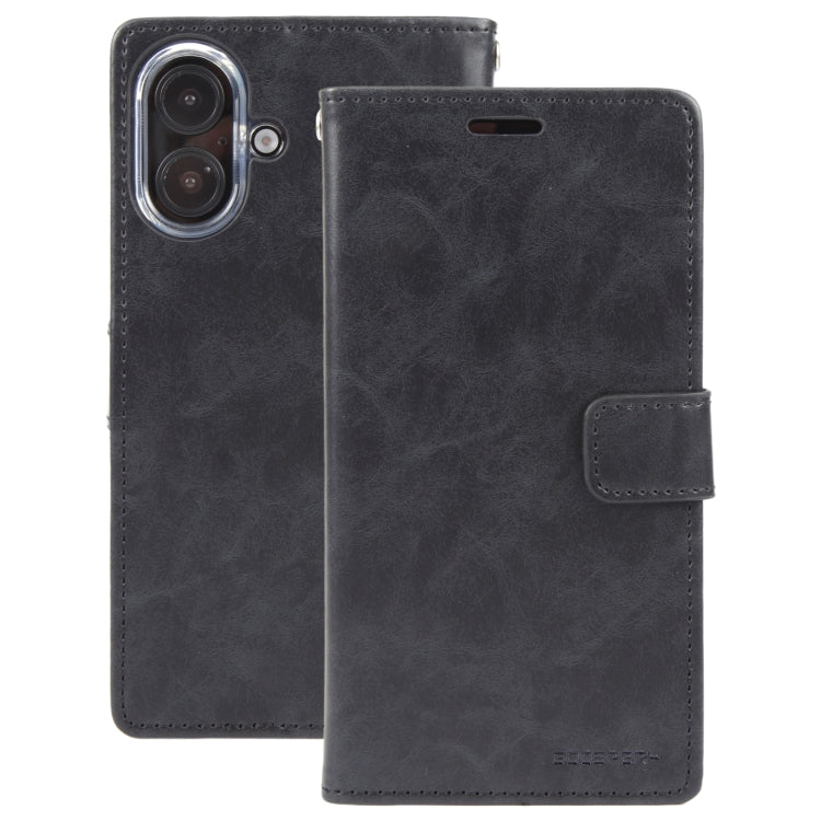 For iPhone 16 GOOSPERY BLUE MOON Crazy Horse Texture Leather Phone Case(Black)