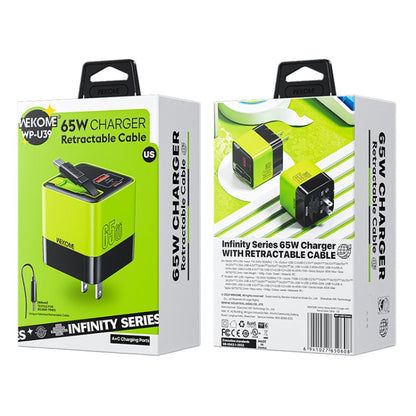 WK WP-U39 Chargeur Rapide GaN USB-C / Type-C, USB 65W avec Câble Type-C de 80cm, Type de Fiche : Prise US (Vert)