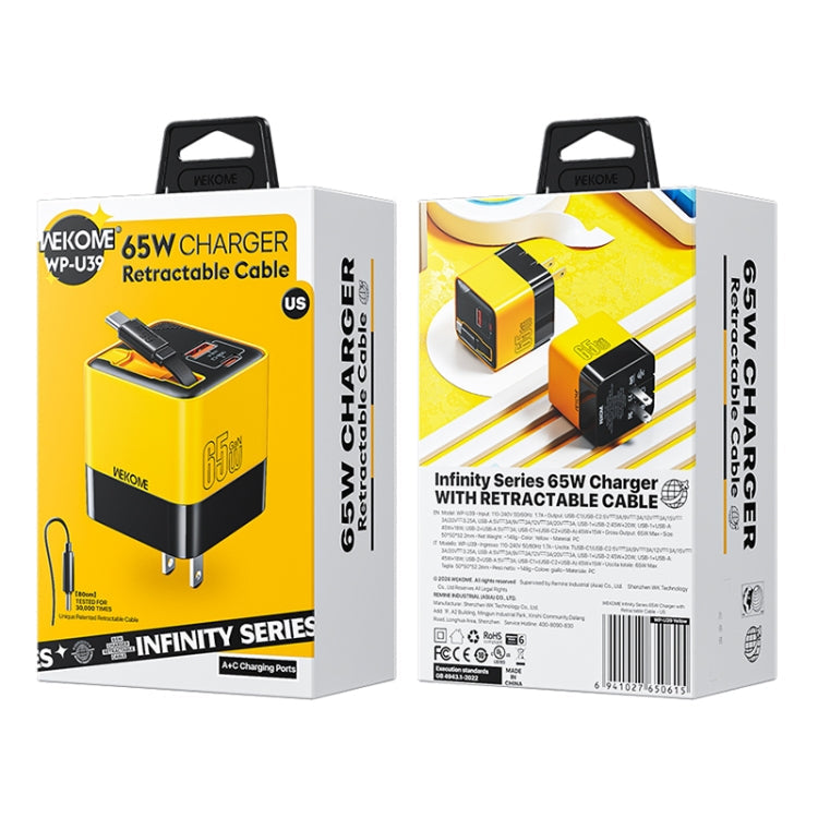 WK WP-U39 65W USB-C / Type-C, USB GaN Fast Charger with 80cm Type-C Cable, Plug Type:US Plug(Yellow)