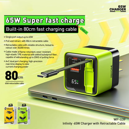 WK WP-U39 65W USB-C / Type-C, USB GaN Fast Charger with 80cm Type-C Cable, Plug Type:EU Plug(Yellow)
