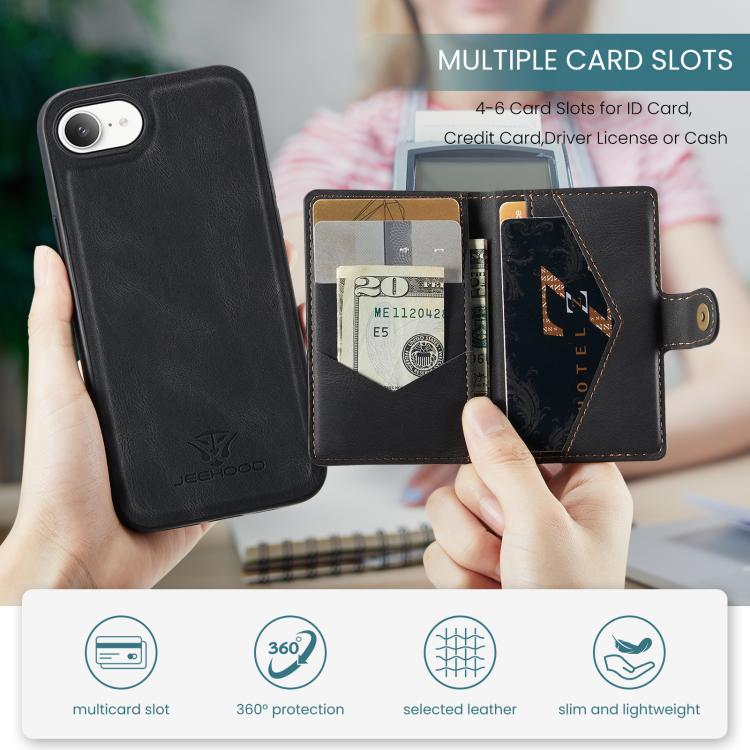 For iPhone 17e / 16e JEEHOOD J01 Retro Magnetic Detachable Wallet Phone Case(Black)