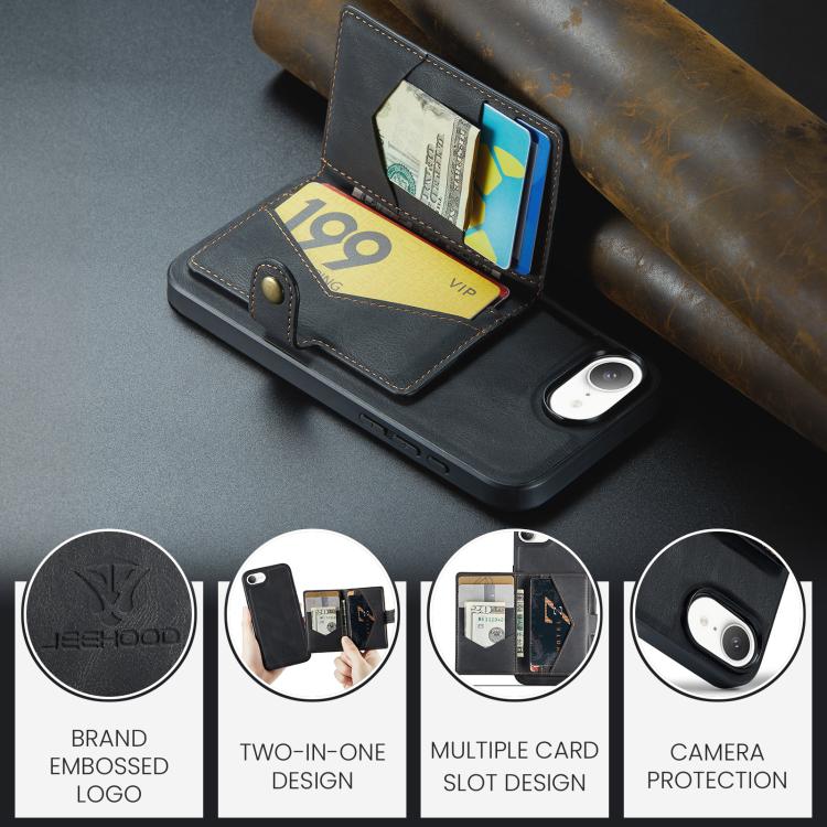 For iPhone 17e / 16e JEEHOOD J01 Retro Magnetic Detachable Wallet Phone Case(Black)