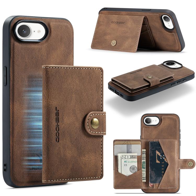 For iPhone 17e / 16e JEEHOOD J01 Retro Magnetic Detachable Wallet Phone Case(Brown)