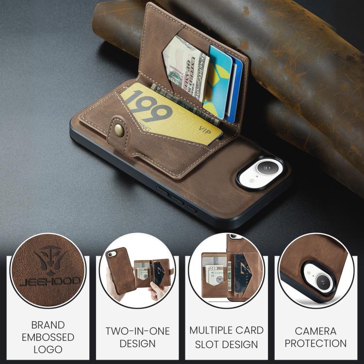 For iPhone 17e / 16e JEEHOOD J01 Retro Magnetic Detachable Wallet Phone Case(Brown)