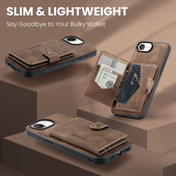 For iPhone 17e / 16e JEEHOOD J01 Retro Magnetic Detachable Wallet Phone Case(Brown)