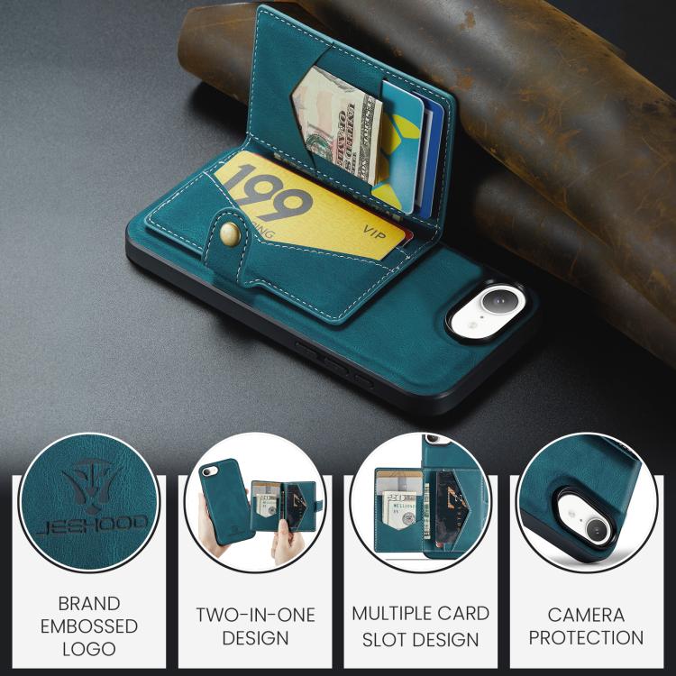 For iPhone 17e / 16e JEEHOOD J01 Retro Magnetic Detachable Wallet Phone Case(Blue)